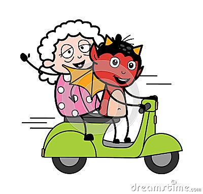 Cartoon Devil Riding Scooter with an old lady Stock Photo