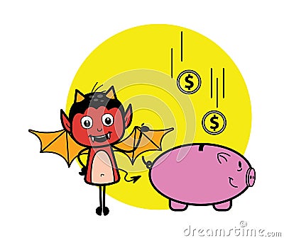 Cartoon Devil saving money in piggy bank Stock Photo