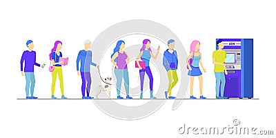 Cartoon Different Characters People in Atm Queue. Vector Vector Illustration