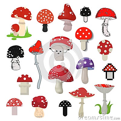 Cartoon different style of amanita mushrooms vector. Vector Illustration