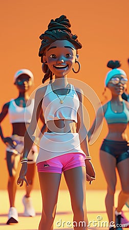 Cartoon digital avatars of GymHero Ready to guide a group of gymgoers through a challenging aerobic workout, with a Stock Photo