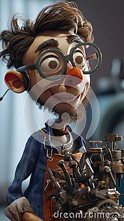Cartoon digital avatars of Jack the Gearhead A geeky mechanic with thick glasses and a pocket protector full of tools Stock Photo
