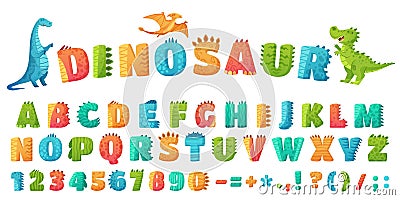 Cartoon dino font. Dinosaur alphabet letters and numbers, funny dinos letter signs for nursery or kindergarten kids Vector Illustration