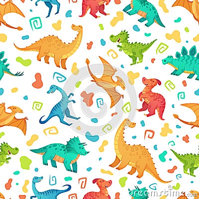 Cartoon dino seamless pattern. Cute triceratops, brontosaurus and tirex. Color dinosaurs vector illustration set Vector Illustration