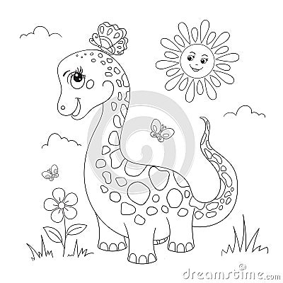 Cartoon dinosaur. Black and white linear image. Vector Vector Illustration