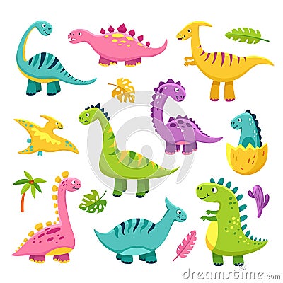 Cartoon dinosaur. Cartoon cute baby dino triceratops prehistoric wild animals brontosaurus isolated dinosaurs vector Vector Illustration