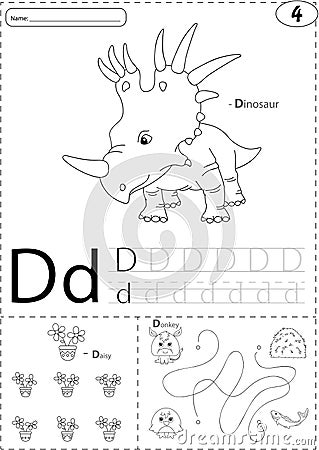 Cartoon Dinosaur, Daisy And Donkey. Alphabet Tracing Worksheet: Stock