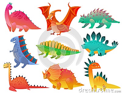 Cartoon dinosaur. Dragon nature dino kids toy monster cute animals prehistoric wild fantasy characters colorful art Vector Illustration