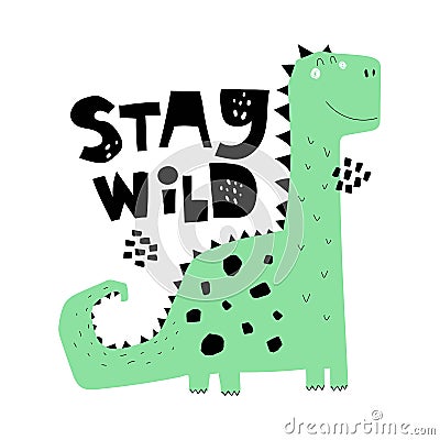 Cartoon dinosaur, hand drawing lettering, decorative elements. flat style, colorful vector for kids. Vector Illustration