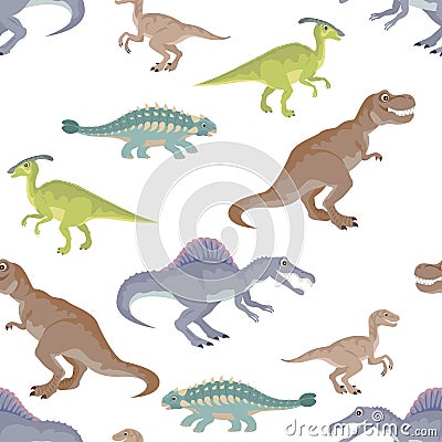 Cartoon dinosaur Seamless pattern. Cute Spinosaurus, Ankylosaurus, Tyrannosaurus Rex, Parasaurolophus, Velociraptor and Ankylosaur Vector Illustration