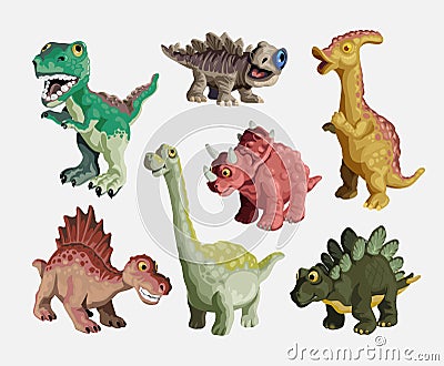 Cartoon dinosaur set. Cute dinosaurs child plastic toys collection. Colored predators and herbivores. Vector illustration isolated Cartoon Illustration