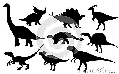 Cartoon dinosaur set. Cute dinosaurs icon collection. Black silhouette predators and herbivores. Flat illustration isolated Cartoon Illustration