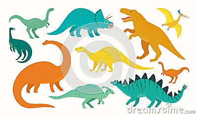 Cartoon dinosaur set. Cute dinosaurs icon collection. Colored predators and herbivores. Flat vector illustration Vector Illustration