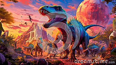 cartoon dinosaurs embarking on an exciting archaeological expedition. Stock Photo