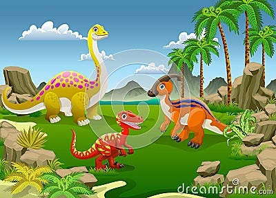 Cartoon Dinosaurs in Landscape In The Forest Pre Historic Era Vector Illustration