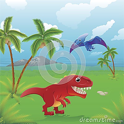 Cartoon dinosaurs scene. Vector Illustration