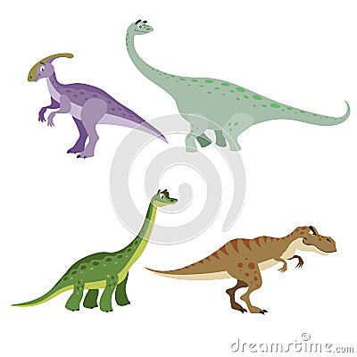 Cartoon dinosaurs set. Parasaurolophus, Brontosaurus, Brachiosaurus and Tyrannosaurus rex. Herbivore and carnivore dinosaurs colle Vector Illustration