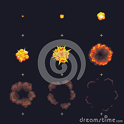 Cartoon disappear explode bomb explosion with smoke cloud vector animation frames Vector Illustration