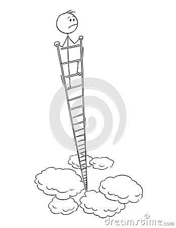 Cartoon of Dissatisfied Man or Businessman Looking Around From the Top of Very High Ladder Vector Illustration