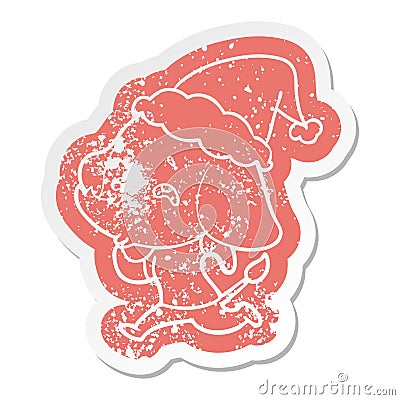 cartoon distressed sticker of a elephant remembering wearing santa hat Vector Illustration