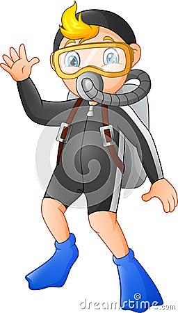 Cartoon diver boy waving hand Vector Illustration