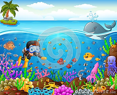 Cartoon diver under the sea Vector Illustration