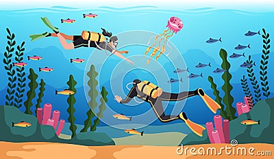 Cartoon divers under water. People with scuba gear and oxygen tanks are engaged in diving. Ocean sport. Extreme hobby Vector Illustration