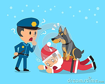 Cartoon doberman dog helping policeman to catch santa claus Vector Illustration