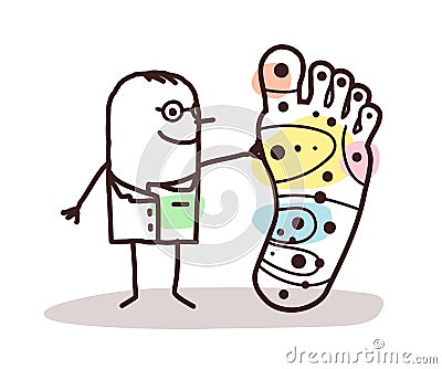 Cartoon doctor with big foot and and reflexology Vector Illustration