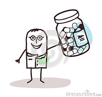 Cartoon doctor with bottle of medicine capsules Vector Illustration