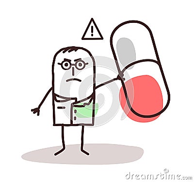 Cartoon doctor with dangerous medicine capsule Vector Illustration