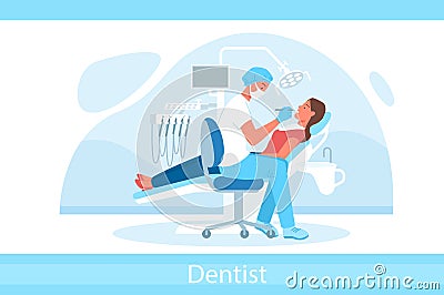 Cartoon doctor dentist character in mask holding dental instrument and examining patient teeth, woman sitting in chair Vector Illustration