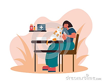 Cartoon doctor injects cat on table flat style illustration Vector Illustration