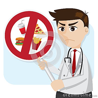 Cartoon doctor with junk food prohibit signage Vector Illustration