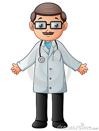 Cartoon doctor wearing lab white coat with stethoscope Vector Illustration