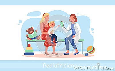 Cartoon doctor woman character and kid boy patient playing together, medic pediatrician examining child health in Vector Illustration