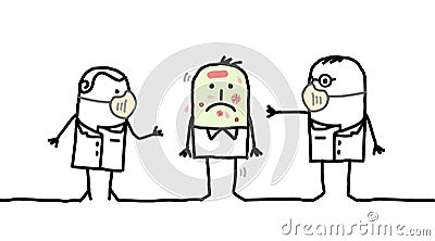 Cartoon doctors with masks and an infected patient with Virus Vector Illustration