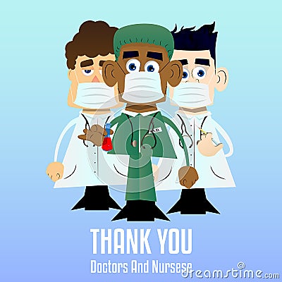 Cartoon doctors or nurses. Thank you card for healthcare workers. Vector Illustration