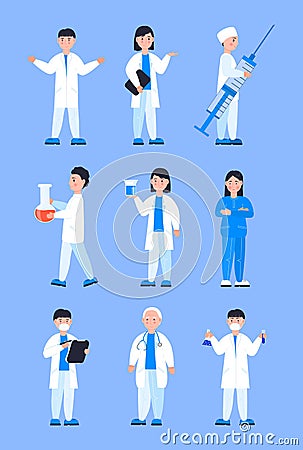 Cartoon doctors set vector for web, app. Therapist, surgeon, scientist are shown. Nurse is carrying large syringe. The Vector Illustration