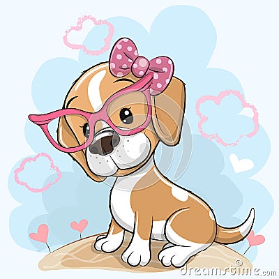 Cartoon Dog Beagle with a bow and glasses on a meadow Vector Illustration