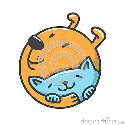 Cartoon dog cat hugging circular symbol. youthful pet logo for veterinary service or animal adoption organization. vector Vector Illustration