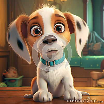 Cartoon Dog On Wooden Table: Realistic And Detailed Rendering Cartoon Illustration