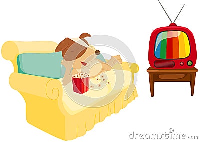 Cartoon dog chilling with popcorn and television Vector Illustration