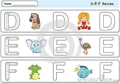 Cartoon dog, doll, elephant, emu, frog and fish. Alphabet tracing worksheet Vector Illustration