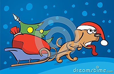 Cartoon dog dragging christmas sleigh Vector Illustration