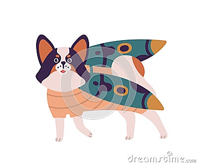 Cartoon dog in funny bug costume vector flat illustration. Colorful domestic animal standing in beetle clothes isolated Vector Illustration