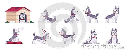 Cartoon dog. Happy flat playful puppy in different poses and doing tricks, cute comic pet with emotions. Vector set of Vector Illustration