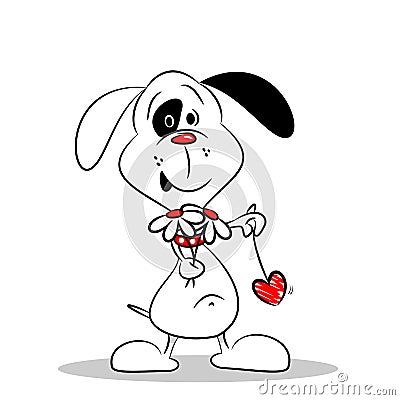 A cartoon dog holding flowers and a love heart Vector Illustration