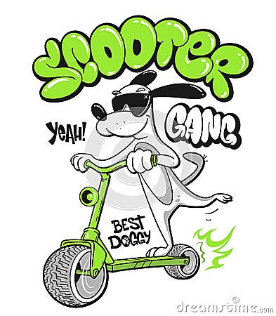 Cartoon dog riding a scooter vector T-Shirt design Vector Illustration