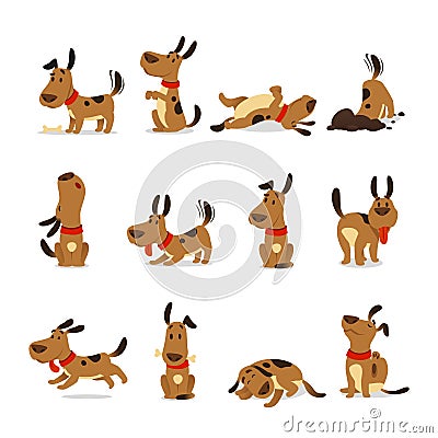 Cartoon dog set. Dogs tricks and action digging dirt eating pet food jumping sleeping running and barking vector Vector Illustration